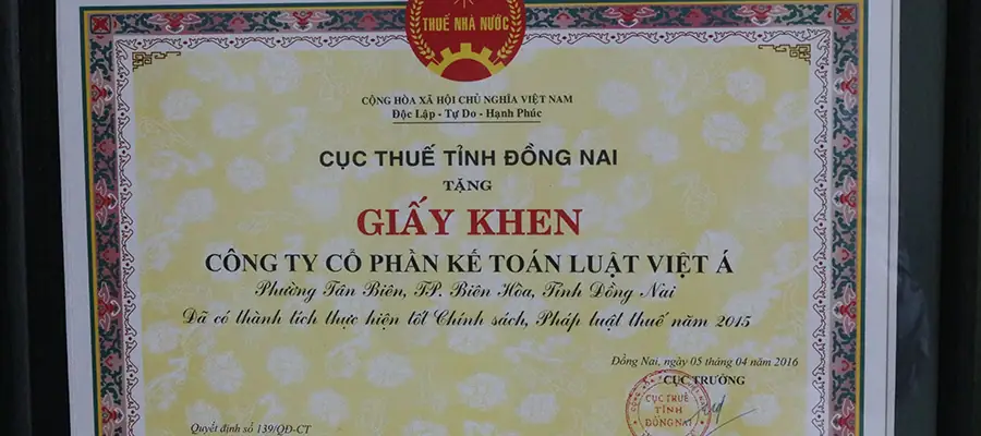 Giấy khen Cục Thuế Đồng Nai – năm 2015