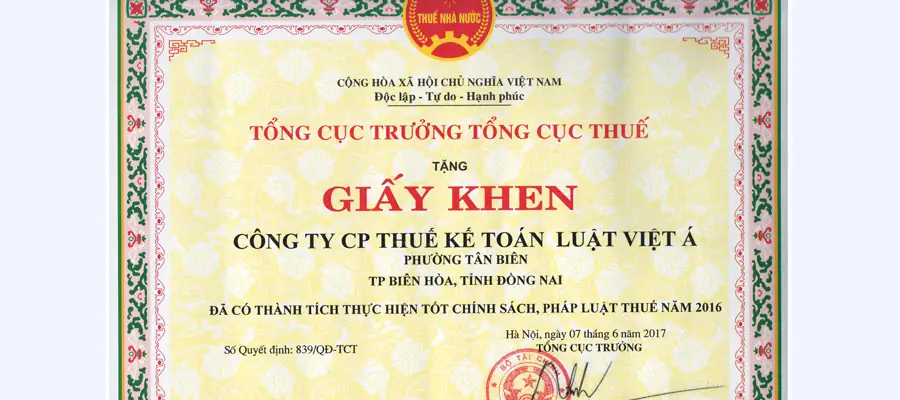 Giấy khen Tổng cục Thuế – thành tích 2016
