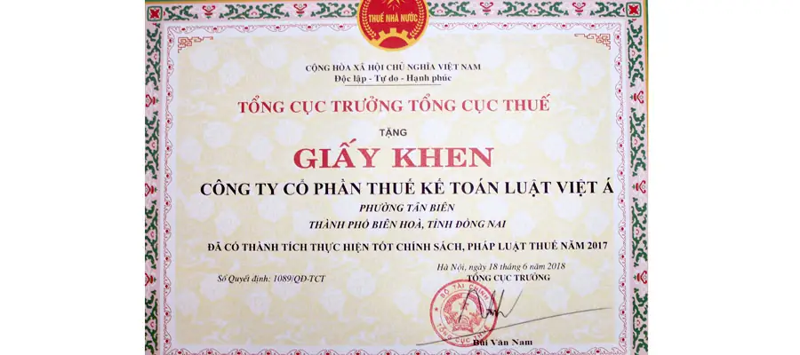 Giấy khen Tổng cục Thuế – thành tích 2017